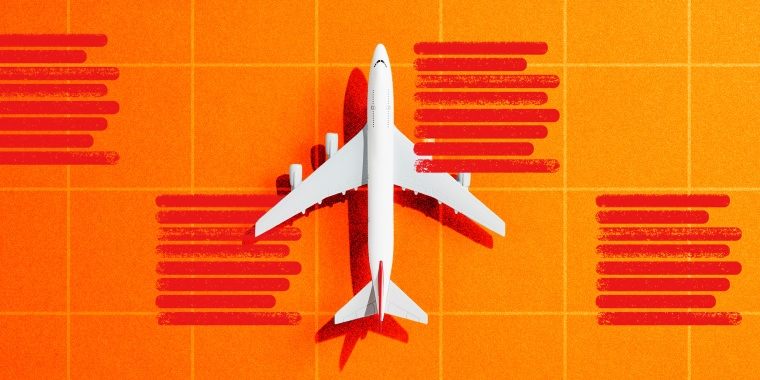 Photo illustration: A toy airplane with red colored highlighted lists on a grid above it.