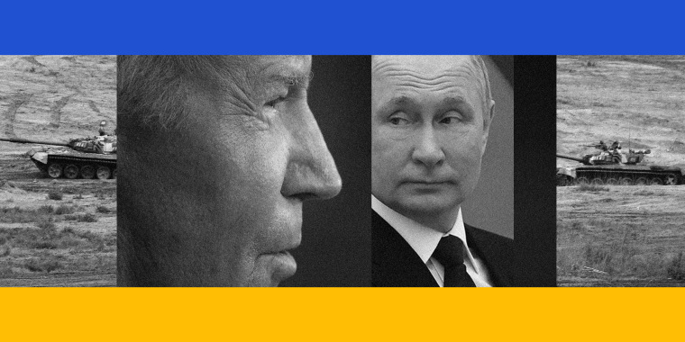 Photo illustration: Image of tanks moving, Joe Biden and Vladimir Putin between blue and yellow strips of color.