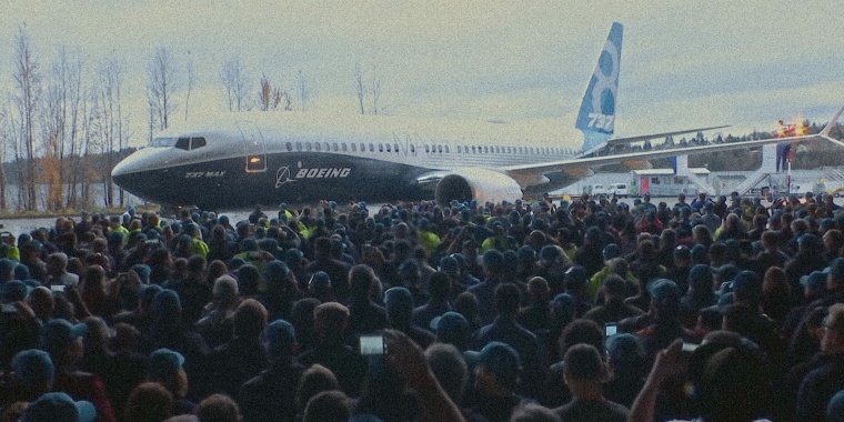 Image: Screengrab from the Netflix documentary,\"Downfall: The Case Against Boeing.\". A crowd of people around an airplane.