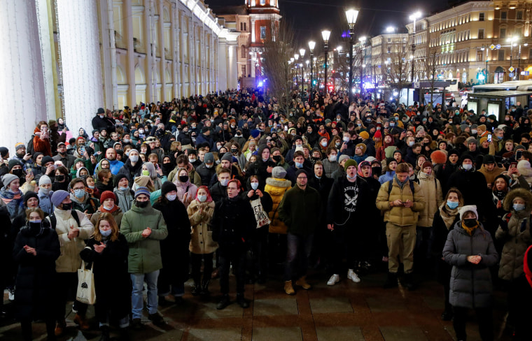 Image: People attend an anti-war protest in Saint Petersburg, Russia, on Feb. 24, 2022.