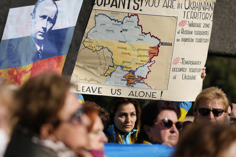 Image: Ukrainians who live in Rome protest near the Russian Embassy in Rome, Thursday, Feb. 24, 2022. 