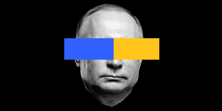 Photo illustration: A blue and yellow colored block covering Vladimir Putin's eyes.