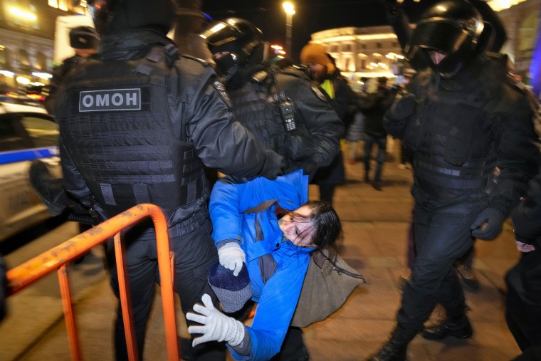 Image: Russian police detain a demonstrator in St. Petersburg on Feb. 26, 2022.