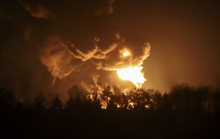 Image: A fire at a Ukrainian petroleum storage depot after a Russian missile attack in Vasylkiv, near Kyiv on Sun., Feb. 27, 2022.