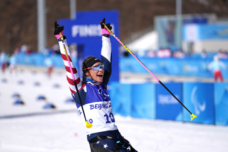 Oksana Masters of United States reacts after the biathlon women's sprint sitting event of Beijing 2022 Paralympic Winter Games at National Biathlon Centre in Zhangjiakou, north China's Hebei Province, March 5, 2022.