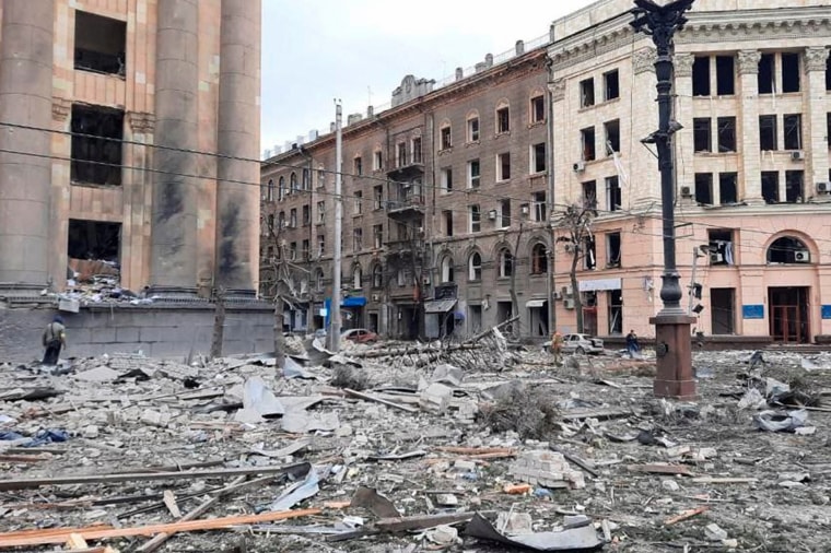 The destruction after an explosion at the Kharkiv Region State Administration Building on Freedom Square in central Kharkiv Tuesday.