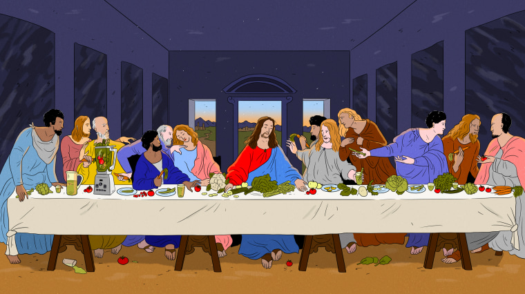 Illustration of Jesus and disciples at \"The Last Supper,\" eating salads, vegetables and fruit.