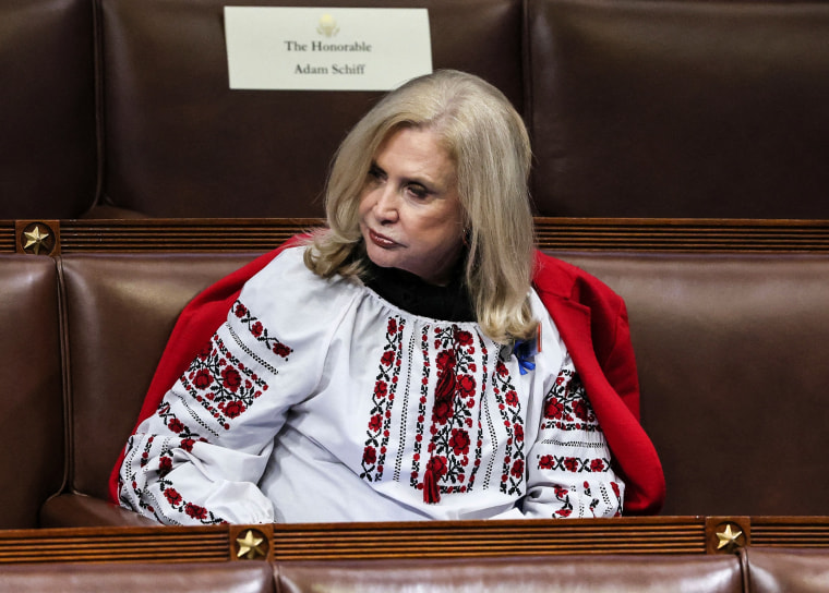 Image: Rep. Carolyn Maloney wears traditional Ukrainian clothing as she sits in the House Chamber ahead of President Joe Biden's first State of the Union address at the U.S. Capitol on March 1, 2022.