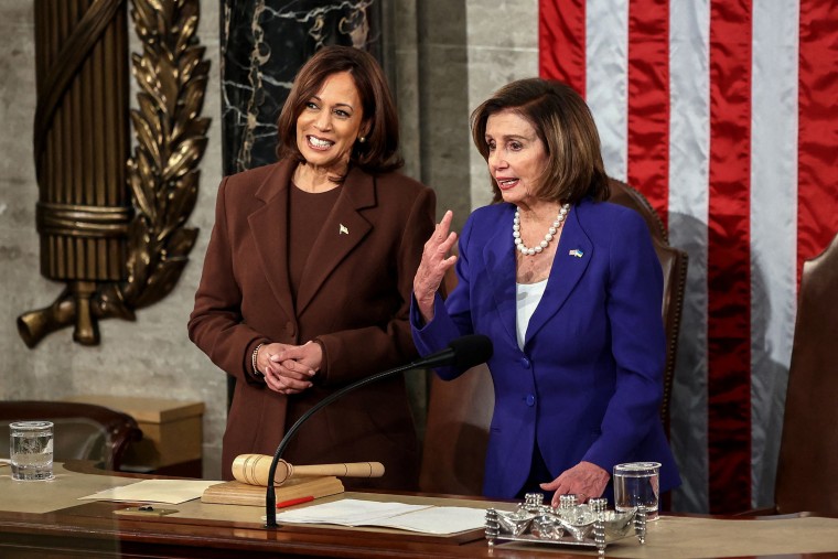 Image: Vice President Harris and Speaker Nancy Pelosi, D-Calif., prior to the State of the Union address during a joint session of Congress at the US Capitol in Washington, DC, on March 1, 2022.