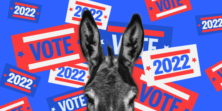 Photo illustration: Top half of a donkey's head shown against flying stickers in red, blue and white colors that read,\"Vote\" and \"2022\".