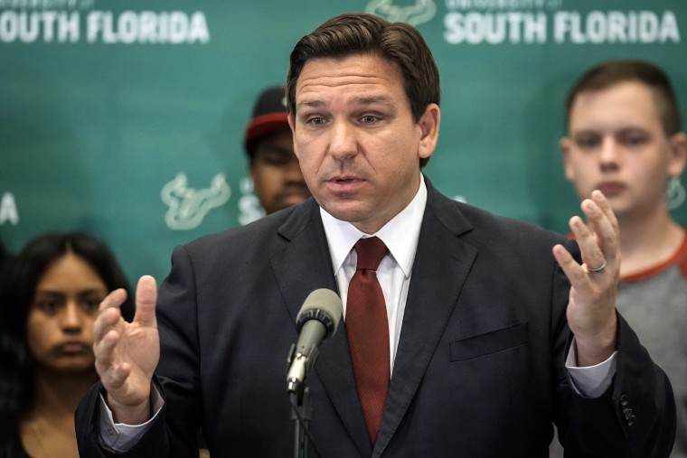 Image: Florida Gov. Ron DeSantis speaks during a news conference at the University of South Florida on March 2, 2022, in Tampa, Fla.