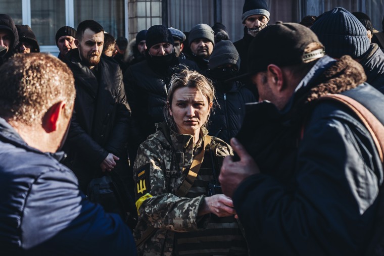 Volunteers come to register to take part in the defense of Kyiv on Feb. 28, 2022.