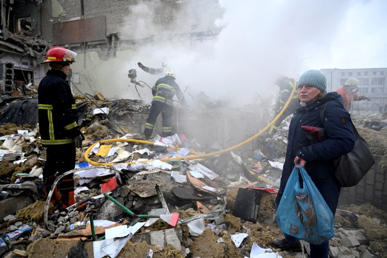 Image: A view shows a destroyed school building in Zhytomyr