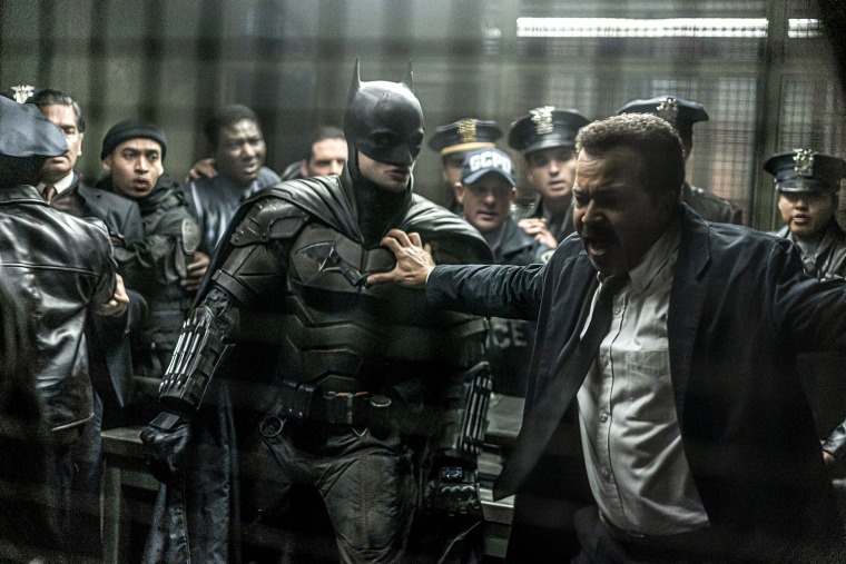 Robert Pattinson as Batman and Jeffrey Wright as Lt. James Gordon in \"The Batman\" in 2022.