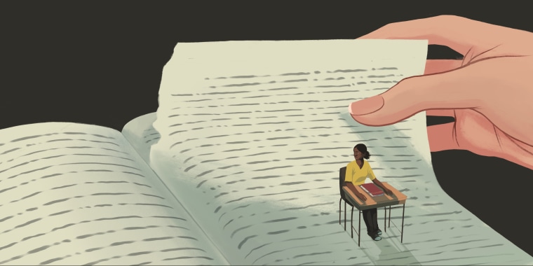 Illustration showing a girl sitting at a desk on top of a page being torn out from a book.