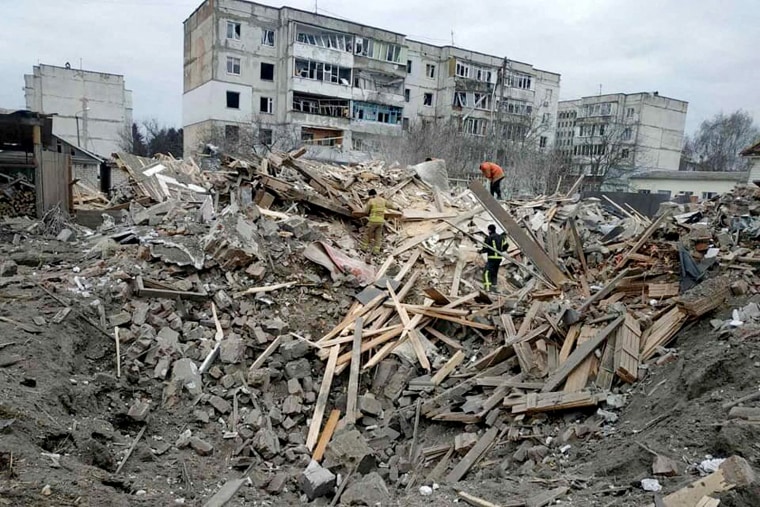 Image: People are seen among debris of residential buildings damaged by shelling in Zhytomyr region
