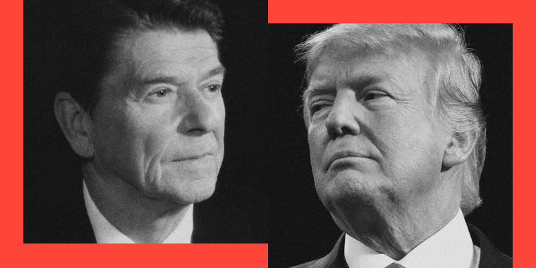 Photo illustration of Presidents Ronald Reagan and Donald Trump.