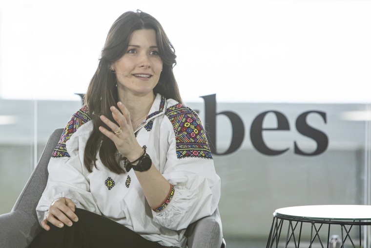 Yuliya Tychkivska, director of the Aspen Institute Kyiv, speaks at the Forbes 30/50 summit in Abu Dhabi on Monday.