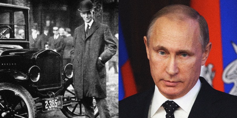 Photo illustration of Henry Ford with the Model T car and Russian President Vladimir Putin.