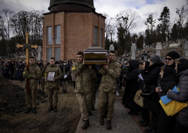 Image: A funeral service for two Ukrainian soldiers in Lviv on March 8, 2022.