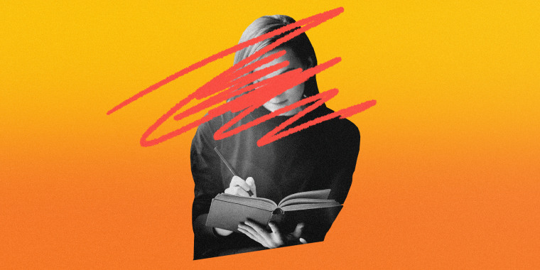 Photo illustration of a college student writing in a book with red scribbles over her face.