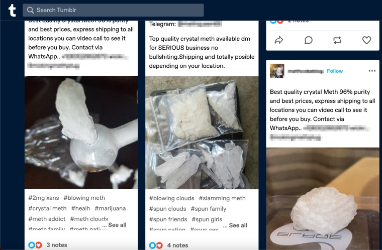 Screengrab of several Tumblr posts advertising the sale of meth.