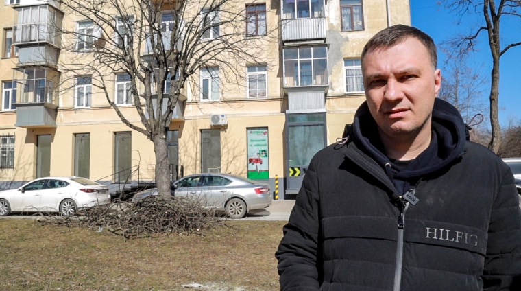 Yevhen Tanchik in Lviv, Ukriane on March 11. The 36-year-old data engineer fled the city of Kharkiv after his apartment building was badly damaged in the conflict last week.