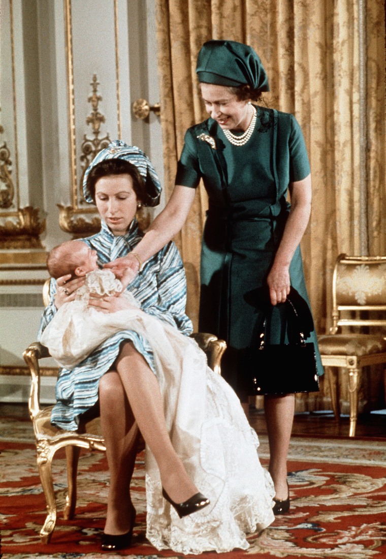 Queen Elizabeth II and Princess Anne with her first grandchild