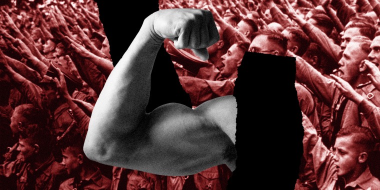 Photo illustration of a man flexing his arm and bicep and far-right extremists raising their right hands.