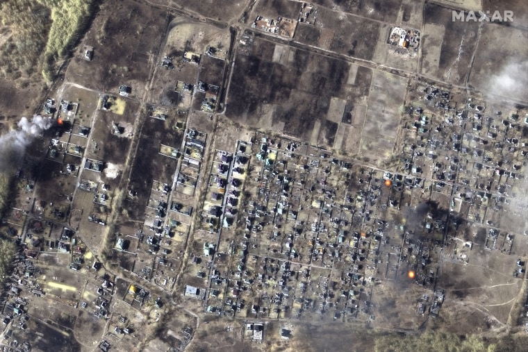 Image: Multispectral imagery view of burning homes and buildings near Kyiv, Ukraine, on March 14, 2022