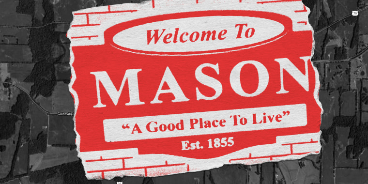 Photo illustration: A torn piece of paper with the sign that reads,\"Welcome to Mason. A Good Place to Live. Est. 1855\" against a background showing a map of the terrain.