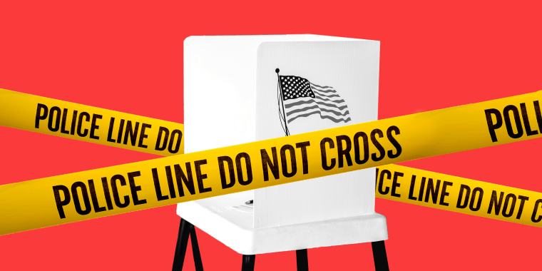 Photo illustration: Yellow tapes that read,\"Police line do not cross\" around a voting booth.