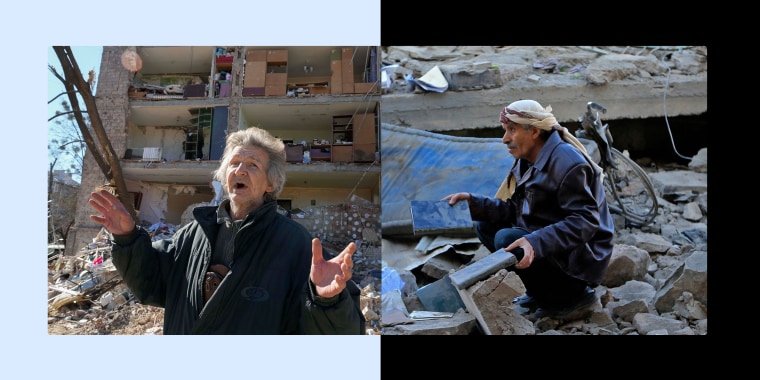 Photo collage: An image of a man standing near his house ruined after Russian shelling in Kyiv, Ukraine next to an image of a man inspecting the damage following overnight air strikes by the Saudi-led coalition in Sanaa, Yemen.