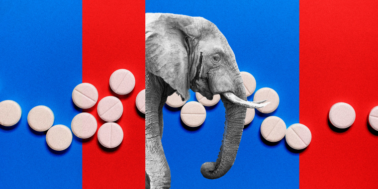 Photo illustration: Red strips over pills and partial view of an elephant walking in the middle.