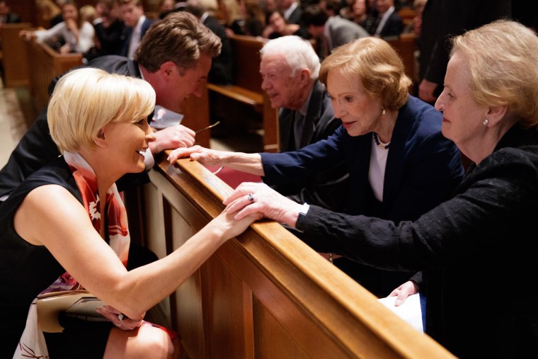 Mika Brzezinski chats with Madeline Albright at her father's funeral in 2017, which was also attended by Brzezinski's husband Joe Scarborough, former President Jimmy Carter,  his wife Rosalynn Carter and more.