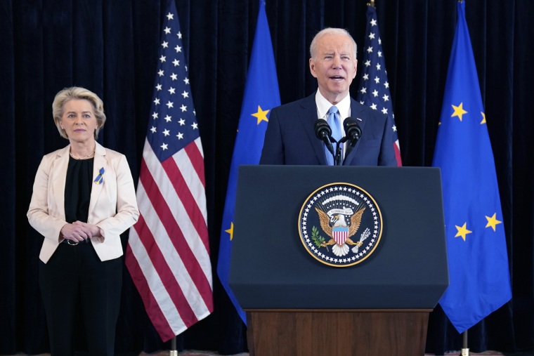 President Joe Biden and European Commission President Ursula von der Leyen talk to the press about the Russian invasion of Ukraine, at the U.S. Mission in Brussels on Friday.