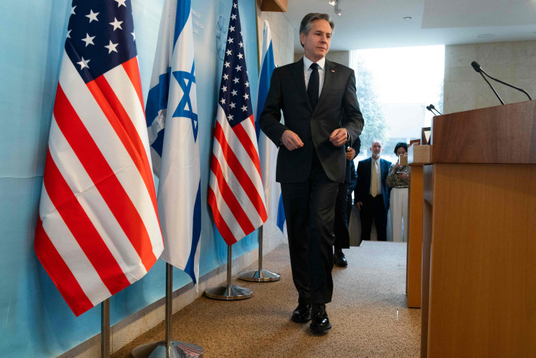 Secretary of State Antony Blinken arrives to give a news conference with Israel's Foreign Minister Yair Lapid, at Israel's Ministry of Foreign Affairs in Jerusalem, on March 27, 2022.