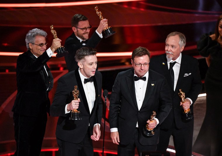 Image: "Dune" sound team Mac Ruth, Mark Mangini, Theo Green, Doug Hemphill and Ron Bartlett accept the award for Best Sound onstage during the Academy Awards in Los Angeles on Sunday.