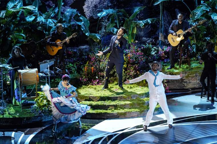 Image: Sebastian Yatra performs "Dos Oruguitas" from "Encanto" at the Oscars on Sunday in Los Angeles.