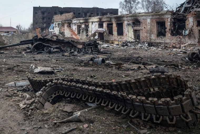 A Russian tank destroyed following a battle in the town of Trostyanets, Sumy region in an image released by the Armed Forces of Ukraine on Sunday.