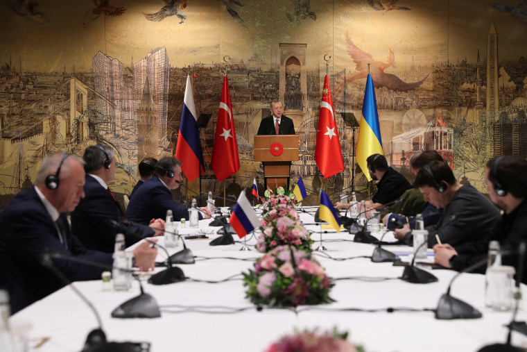 Turkish President Tayyip Erdogan addresses Russian and Ukrainian negotiators before their face-to-face talks in Istanbul on Tuesday.
