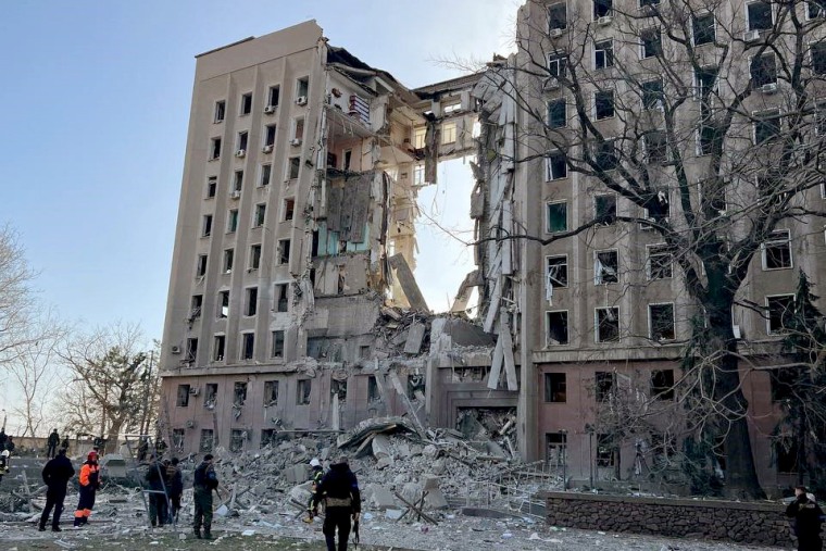 Destruction caused by Russian shelling at an administrative building in Mykolaiv, Ukraine, on Tuesday.