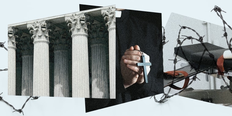 Photo illustration: Fragments showing images of Supreme Court pillars, a hand holding a cross and part of a gurney in a death chamber.