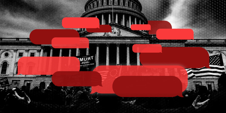 Photo illustration: Red text message bubbles over an image of the U.S. Capitol on January 6, 2021.