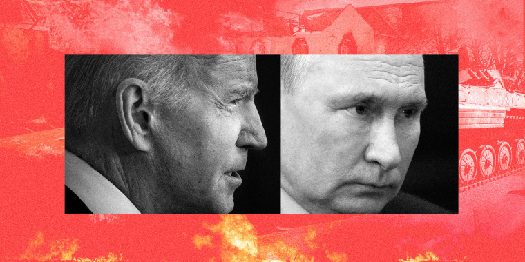 Photo collage: Images of Joe Biden and Vladimir Putin against a red background showing smoke, burning buildings and wheels of a tank.