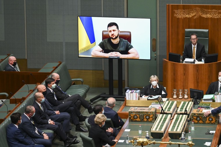 Ukrainian President Volodymyr Zelenskyy addresses Australian federal parliament via video link on Thursday in Canberra.