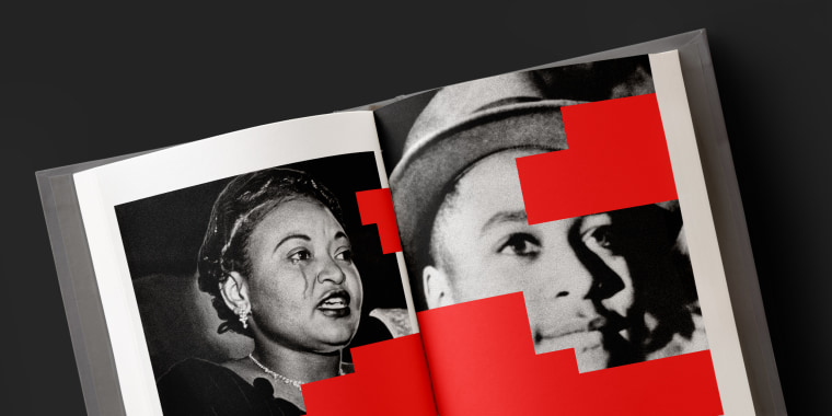 Photo illustration: Patches of red color cover pages of an open book that has an image of Mamie Bradley, mother of lynched teenager Emmett Till, crying on the left page and Emmett Till's portrait on the right page.