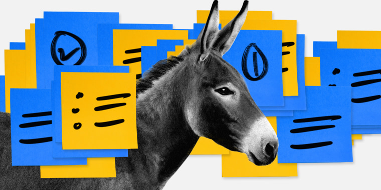 Photo illustration: A close-up of a donkey surrounded by blue and yellow colored post-it notes which have lists and scribbles on them.