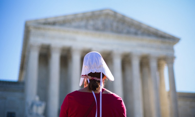 Image: Back of a pro-choice demonstrator wearing a red gown and a white hat outside the U.S. Supreme Court.