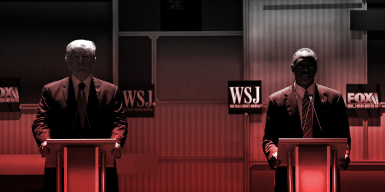 Photo illustration: Red color cast over an image of 2016 Republican presidential candidates Donald Trump and Ben Carson, standing in shadow at their podiums during a presidential candidate debate.